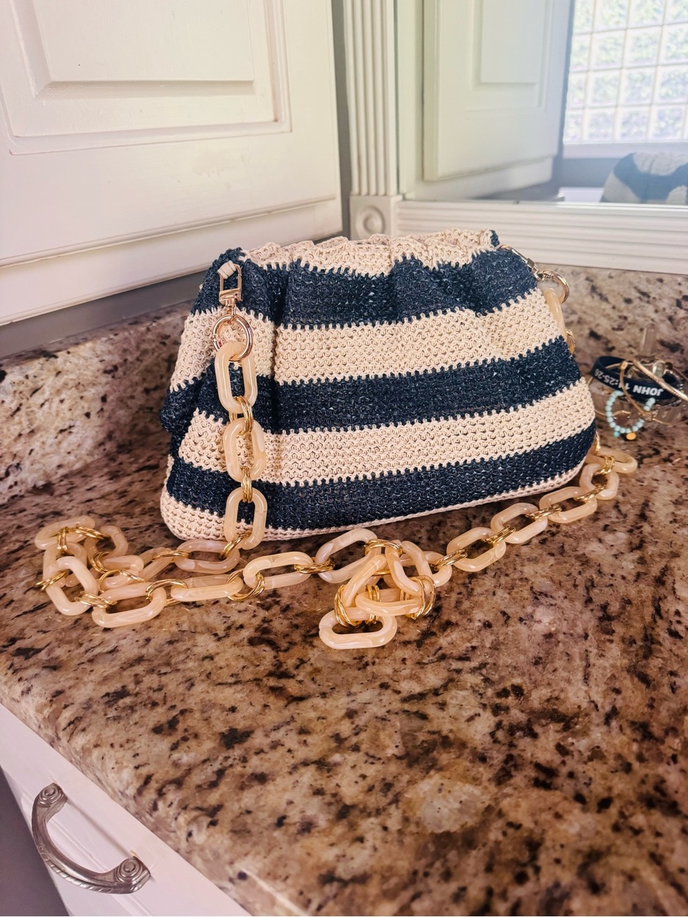 Anthropologie Navy and Cream Striped Crochet Crossbody with Gold Chain